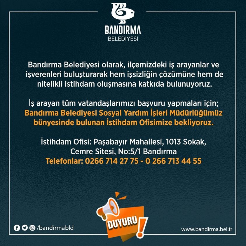 Bandırma Belediyesinden Duyuru
