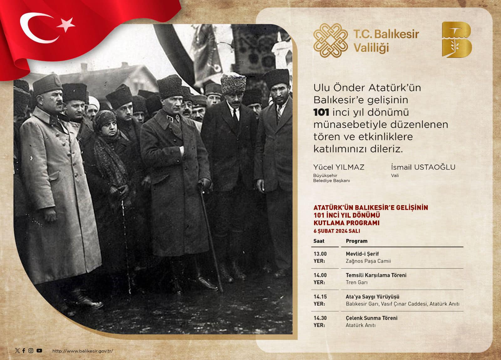 6 ŞUBAT ATATÜRK’ÜN BALIKESİR’E GELİŞİNİN 101 İNCİ YIL DÖNÜMÜ MESAJI