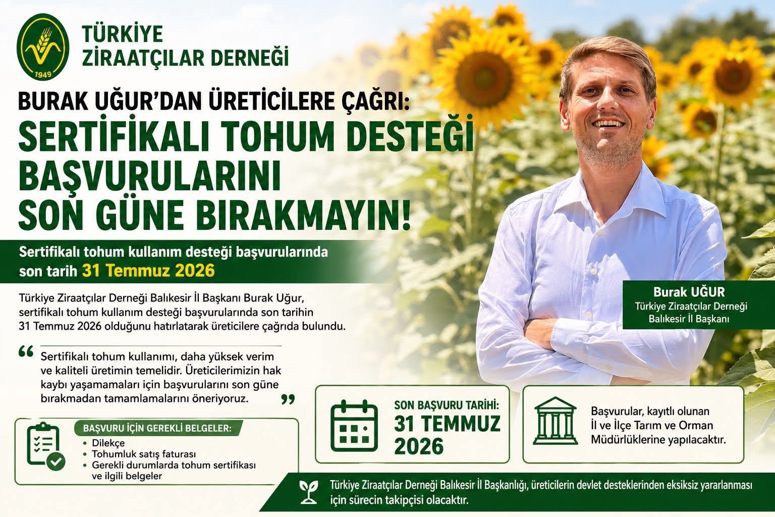 Türkiye Ziraatçılar Derneği Balıkesir İl Başkanı Burak Uğur’dan Üreticilere Çağrı
